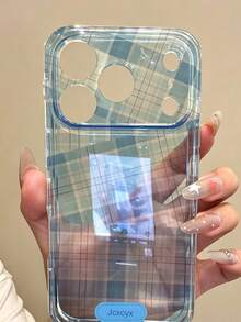 時尚不對稱格紋軟手機殼，相容 iPhone 17ProMax 17Pro 17 16ProMax 16Pro 16 15 14 13 Pro Max，鏡頭保護背蓋 - 藍色 - 查看 3