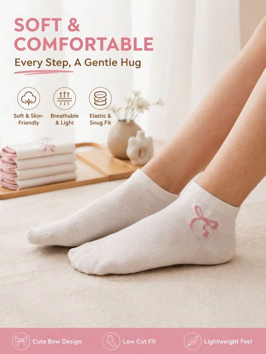 1/3/5/10 Pasang Kaos Kaki Wanita Motif Simpul Pita, Kaos Kaki Pendek Lembut dan Bernapas, Kaos Kaki Kasual Lucu untuk Semua Musim - Putih - View 1