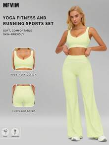 MFVIM Women's Sports Suit, Two-Piece Set With Color-Blocked Lines, Sports Bra And Flared Pants, High-Waisted, High-Elasticity, Quick-Drying Yoga Set - Olive Green - View 2