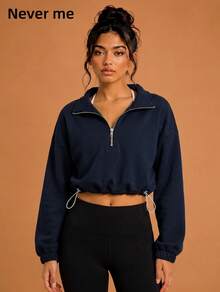 Never me Women's Sporty American Style Half-Zip Stand Collar Cropped Pullover Sweatshirt With Cinched Waist And Exposed Midriff Long Sleeve Cover-Up - Navy Blue - View 9