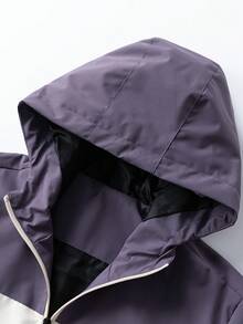 Men's Purple & White Colorblock Hooded Jacket, Full Zip Drawstring Hood, Multiple Zipper Pockets, Elastic Cuffs, Loose Casual Top - Purple - View 6
