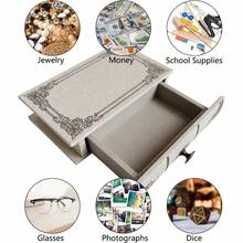 Vintage Book Storage Box With Drawer, Natural Linen-Textured Cover With Classic Frame Pattern, Hidden Organizer Jewelry, Keepsakes Or Desktop Usex 5" X 1.6" - 1PC - View 3