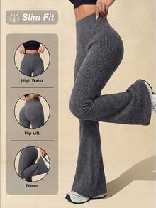 Vintage Heather Grey Seamless Ribbed Flared Leggings, Stretchy Wide Leg Fitness Pants For Home And Outdoor Wear Sports Fall - Grey - View 3
