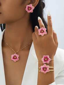 1pc Summer Vacation Dopamine Handmade Oil Drop Halo Dye Pink Flower Pendant Necklace, 1 Pair Earrings, 1pc Ring, 1pc Bracelet Women's Set - Multicolor - View 4