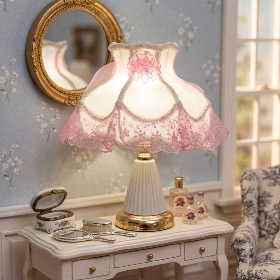Vintage Floral Beaded Tassel Lamp Shade / Pink Lace Rose Lamp Shade, Romantic Princess Style Desk Lamp Shade, Bedroom Decor - Small Princess Lampshade - View 1