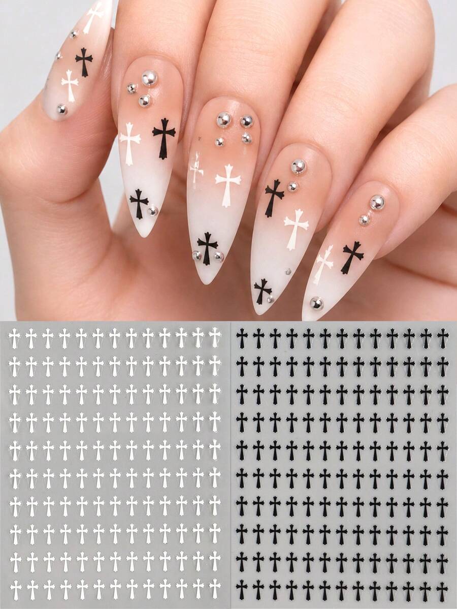 2pcs Black White Crosses Nail Art Stickers Gothic Mini Crosses Tiny Cross Self-Adhesive Nail Decals For DIY Acrylic Press On Nails Manicure Decorations Nail Supplies - Black and White - View 1