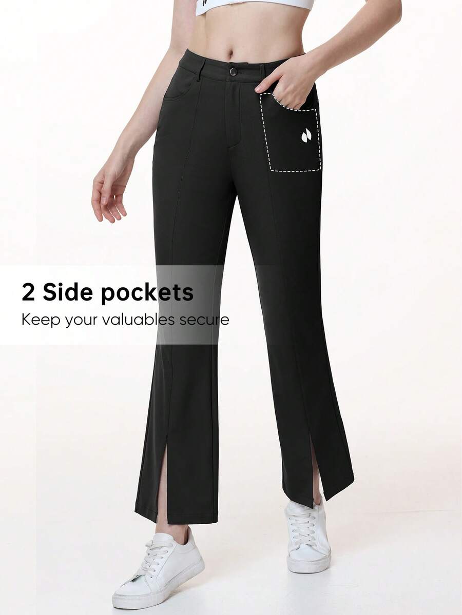 HOTSUIT 女款針織喇叭褲,側開衩附口袋,純色,前開衩設計,適合高爾夫、日常與運動穿著 - 黑色 - 查看 1