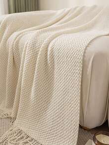 Madebyblanc 1pc Solid Color Knitted Blanket, Nordic Style Acrylic Rectangular Office Nap Sofa Blanket, Knitted Throw Blanket, Shawl,Cover, Bedspread, Bed Tail Blanket - Beige - View 9