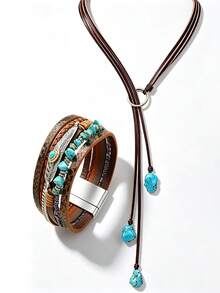 Yanxyad Bohemian Style Turquoise Jewelry Set, Sliding Necklace, Feather Tassel Pendant Earrings And Multi-Layer Wrapped Bracelet, Concert Accessories Women's Gift - Blue - View 11