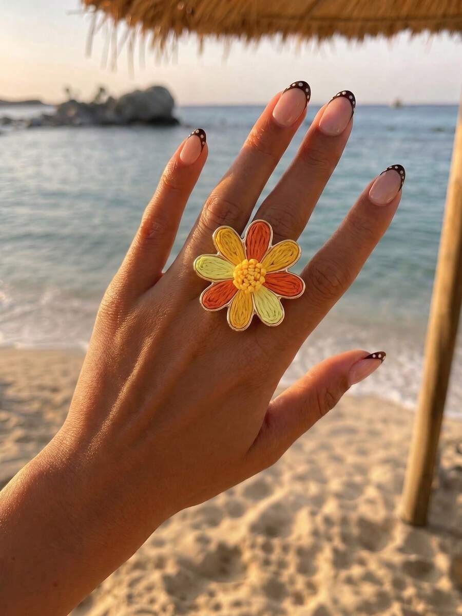 1件鮮豔度假風編織花朵開口戒指,女款百搭橘色調珠寶,適合旅行與通勤 - 桔彩色 - 查看 1