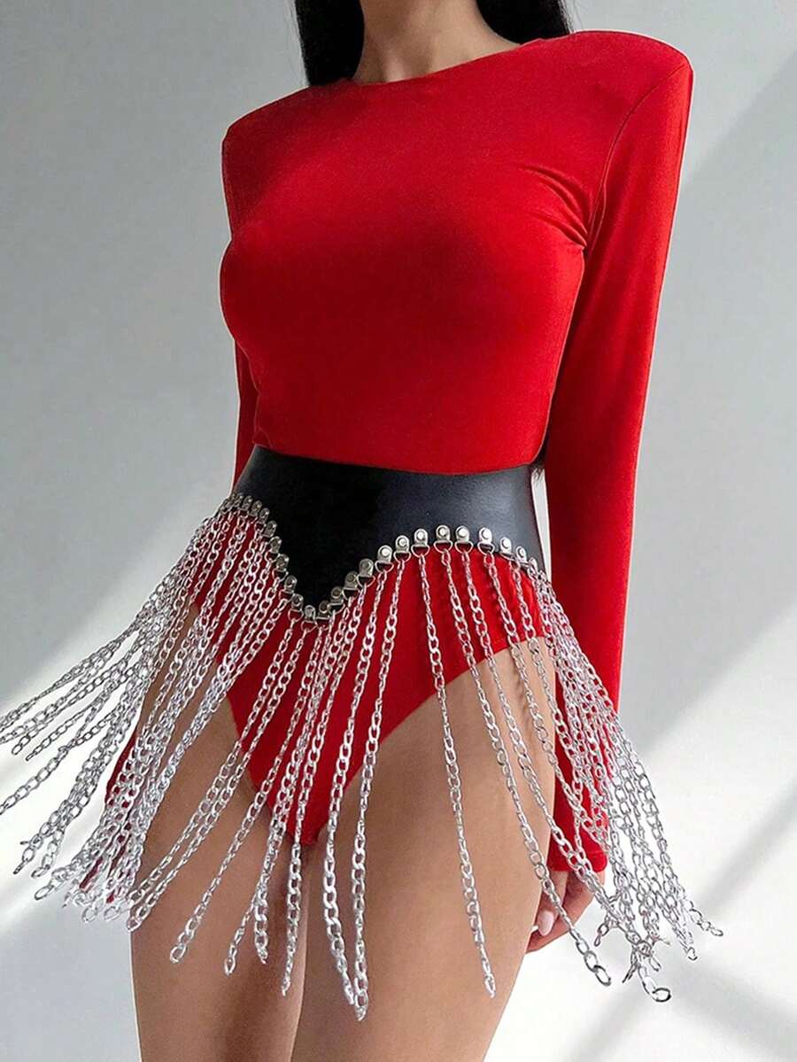 Women's Solid Color Leather Belt, Fashion Chain Tassel Dress Chain Party Dress Accessory - Black - View 1