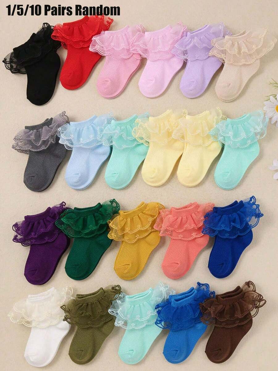10/5/1 Pair Random Color Baby Lace Dance Socks, Fun Double Layer Lace Socks, Breathable And Soft, Suitable For 0-36 Months Baby Girls, Match With Clothes And Dresses - Multicolor - View 1