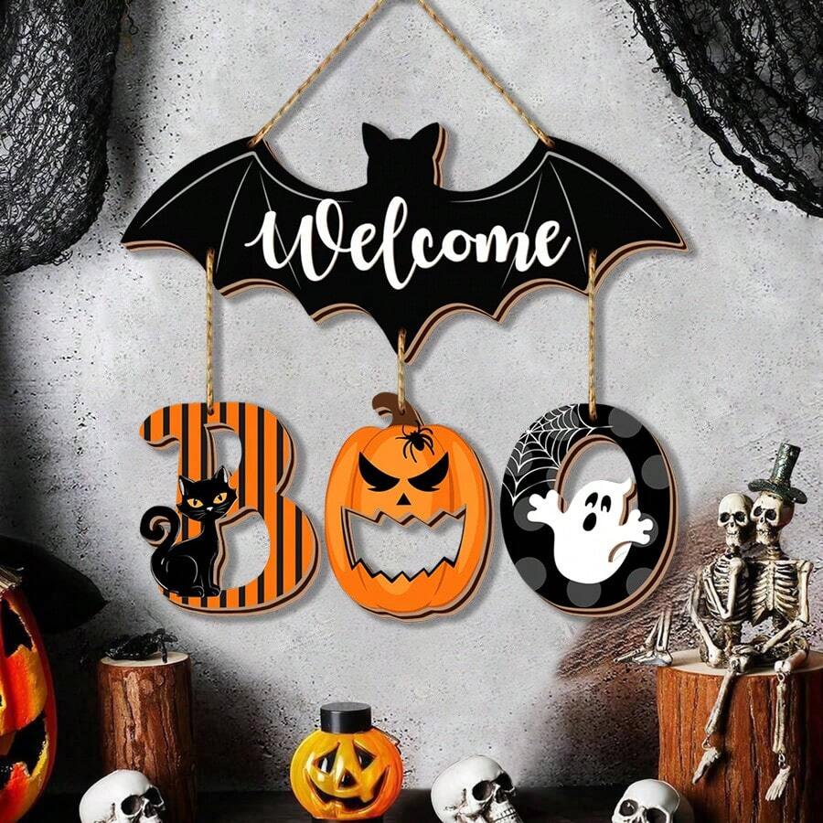 4pcs Halloween BOO Door Sign Decorations, Spooky Bat Welcome Hanging Sign For Front Door, Wooden Ghost Evil Pumpkin Black Cat Door Hanger Ornaments For Home Window Wall Halloween Party Decor - Multicolor - View 1
