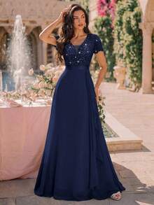 MIUSOL Deep V-Neck Contrast Sequin Lace Ruffle Trim Chiffon Formal Party Maxi Dress, Formal Evening Gown Wedding - Navy Blue - View 4