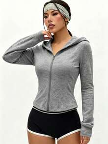 Women's Autumn/Winter Short Hooded Sweatshirt Jacket, Long Sleeve Sports Sweatshirt - Light Grey - View 3