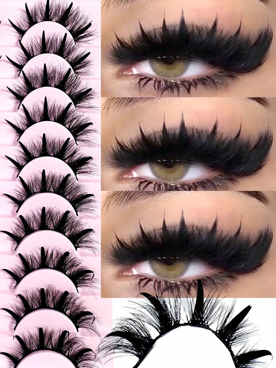 New 10Pairs Manga Eyelashes Natural Spiky Mink Lashes Natural Curl Full Strip Faux Mink Lash Spikes Wispy Thick Soft Fake Lashes Extension Makeup - 黑色 - 查看 1