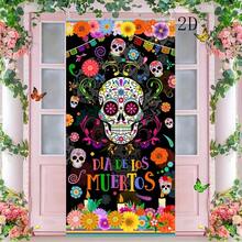 1 Peça Cortina de Porta Estilo Mexicano com Caveira de Açúcar e Padrões Florais para Decoração de Festa do Dia dos Mortos, Feita de Material de Poliéster, Adequada para Decorações de Festa de Halloween, Decorações de Varanda, Etc. - A - Visão 2