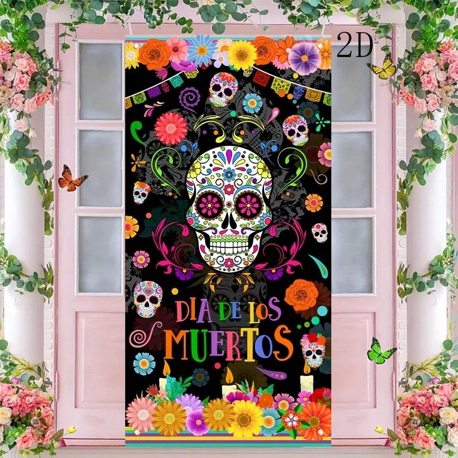 1 Peça Cortina de Porta Estilo Mexicano com Caveira de Açúcar e Padrões Florais para Decoração de Festa do Dia dos Mortos, Feita de Material de Poliéster, Adequada para Decorações de Festa de Halloween, Decorações de Varanda, Etc.