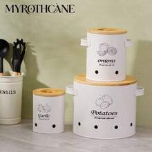 MYROTHCANE 3 Packs Ventilated Potato Onion Garlic Storage Canisters, White Metal Vegetable Storage Tins With Bamboo Lid & Side Handles, Breathable Holes Kitchen Pantry Organizer Containers For Potatoes Onions Garlic Storage - White - View 3