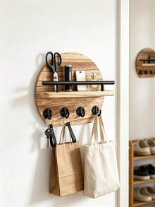 1 Stück runder Holz-Schlüsselhalter mit Wandmontage und Regal, 4 Metallhaken, Eingangsbereich-Organizer, modernes hängendes Aufbewahrungsregal für Schlüssel, Taschen und kleine Gegenstände, Wohndekoration für Flur, Schlafzimmer, Wohnung, Einweihungsgeschenk - Verschiedenfarbig - Übersicht 4