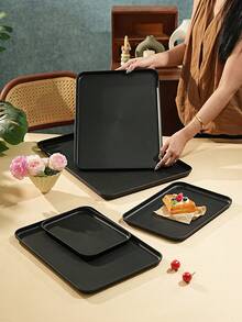 Black Shallow Tray, Used For Holding Food, Snacks, Drinks, Breakfast, Coffee, Rectangular Serving Tray, Durable Plastic PP Material - Black - View 4