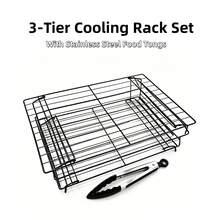 Black Carbon Steel 3-Tier Cooling Rack With Heat-Resistant Food Tongs, Rust-Proof Stackable Baking Cooling Tray, Easy To Clean, Space-Saving Stackable Design, Suitable For Baking, Roasting, Grilling, Home Kitchen Baking Accessories - Black - View 10