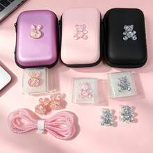 6pcs Rhinestone Bear & Rabbit Data Cable Protector Set With Hard Shell Digital Storage Bag, Layered Mesh Pockets For Charging Cables & Earphones, Matching Glitter Bear & Rabbit Charger Protective Case And Cable Wrap Rope, Black & Pink Dual Color Options, Pressure-Resistant Shockproof Portable Carry, Cute Cartoon Digital Accessories Set For Students & Commuters - Multicolor - View 3
