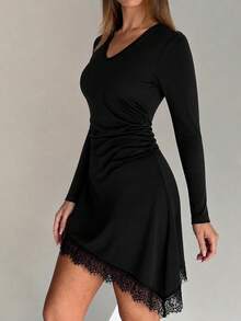 Elegant Black Knit Mini Dress, Long Sleeve, V-Neck, Asymmetric Contrast Lace Hem, Perfect Autumn Bodycon Style - Black - View 4
