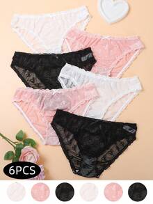 6pcs/Pack Women's Minimalist Sexy Bow Mesh Triangle Panties, Ruched Waistband With Ruffle Trim And Mini Bow, Lightweight Semi-Sheer Mesh, Sweet Girly Style For Date Night - Multicolor - View 1