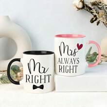 مجموعة أكواب زوجية متطابقة Mr Right Mrs Always Right، أكواب سيراميك بلونين داخليين أسود ووردي مع طباعة ربطة عنق وقلب، مجموعة هدايا فكاهية للعرسان الجدد والزوجين للزفاف والذكرى السنوية - متعدد الألوان - مشاهدة 10