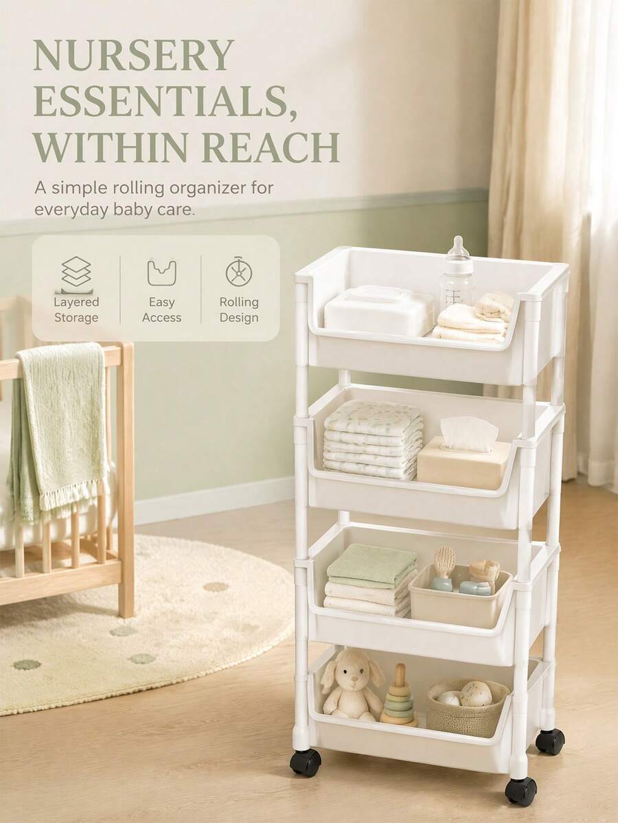 Multi-Layer Rolling Baby Storage Cart, Mobile Floor-Standing Baby Organizer Rack, Diaper And Bottle Storage Shelf, Suitable For Bedroom, Living Room And Nursery, Practical Essential For Newborns - Multicolor - View 1