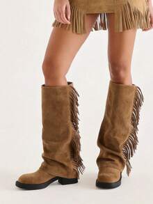 Slouchy Fringe Western Fold Over Boots For Women, Retro Boho Knee High Cowboy Boots For Festival & Country Concert, Casual Fall Winter Cowgirl Boots - 棕色 - 查看 3