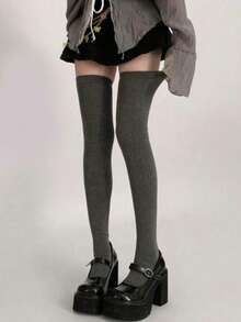 Autumn/Winter Solid Color Minimalist Warm Over-The-Knee Thigh High Socks - Black - View 4