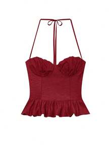 Red Crop Halter Tops For Women Ruffle Peplum Backless Camisole Top Summer Ruched Sleeveless Tie Top Woman Bustier Slim Fit Going Out Club Outfits - Red - View 5