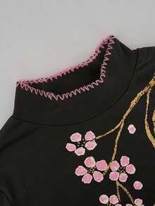 New Chinese Floral Embroidery Long Sleeve Tee, Black Stand Collar Pink Stitch Split Hem Slim Fall Daily Top - Black - View 10