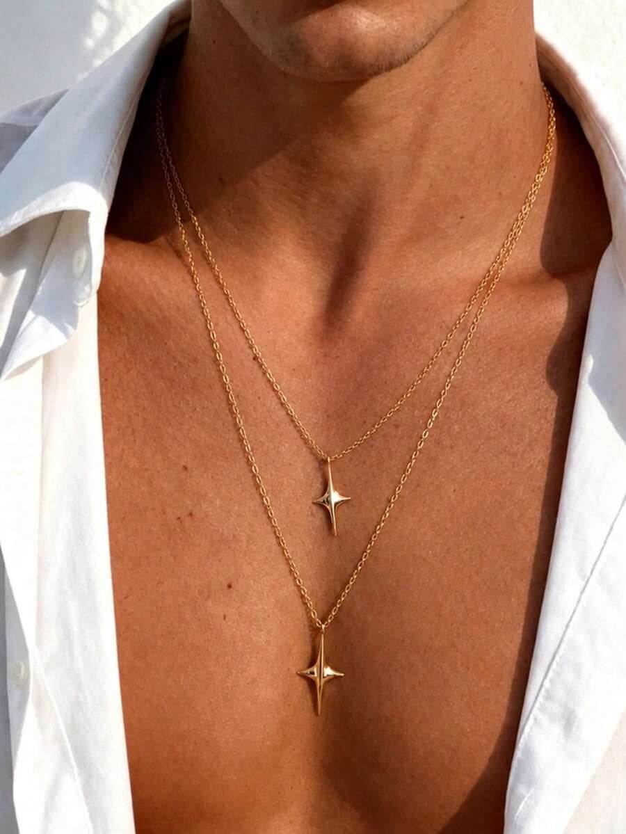 2pcs/Set Luxury Gold Double Layer Four-Pointed Star Layered Necklace, Minimalist Thin Chain Cross Star Pendant, Men's Commuter High-End Collarbone Chain - Cross Star Necklace - View 1