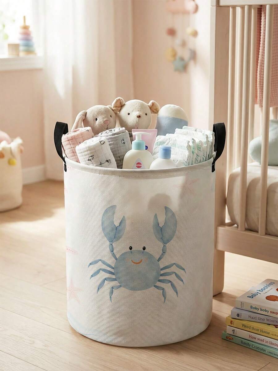 1pc Round Storage Basket, Extra Large Capacity, Foldable, Durable, Ocean Pattern Printed, Large Capacity Foldable Round Storage Basket With Handles, Multi-Purpose Storage Basket For Baby Room, Baby Sundries Organizer Storage Basket, Large Capacity Storage Box, Baby Room Storage, Baby Supplies Storage, Diaper Storage, Clothing Storage, Baby Supplies Sundries Storage, Multi-Purpose Storage Box, Foldable Baby Supplies Storage Box