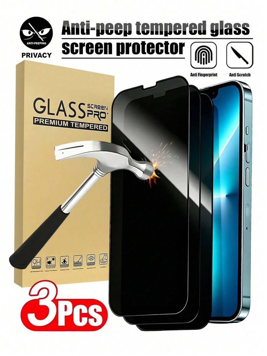 3 buah Pelindung Layar Kaca Tempered Pelindung Privasi Layar Penuh, Kompatibel dengan Apple 17/17 Pro/17 Pro Max/17 Air/15/15 Plus/15 Pro/15 Pro Max/16 Pro Max/16/16 E/16 Plus, Melindungi Privasi Layar, Aksesori Ponsel