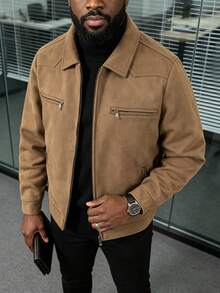 Men's Spring/Autumn Casual Jacket With Zipper Closure And Zipper Pockets, Lapel Collar, Workwear Style, Faux Suede Fabric, Suitable For Daily Life, Work, Travel And Formal Wear - Brown - View 15