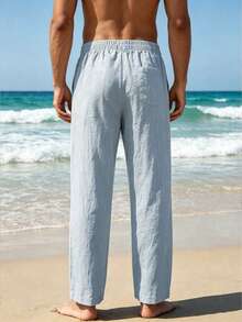 CleanFit Men's Textured Casual Pants, Straight Wide Leg Long Pants, Elastic Waist, Draping Wrinkle-Resistant Sports - Dusty Blue - View 4