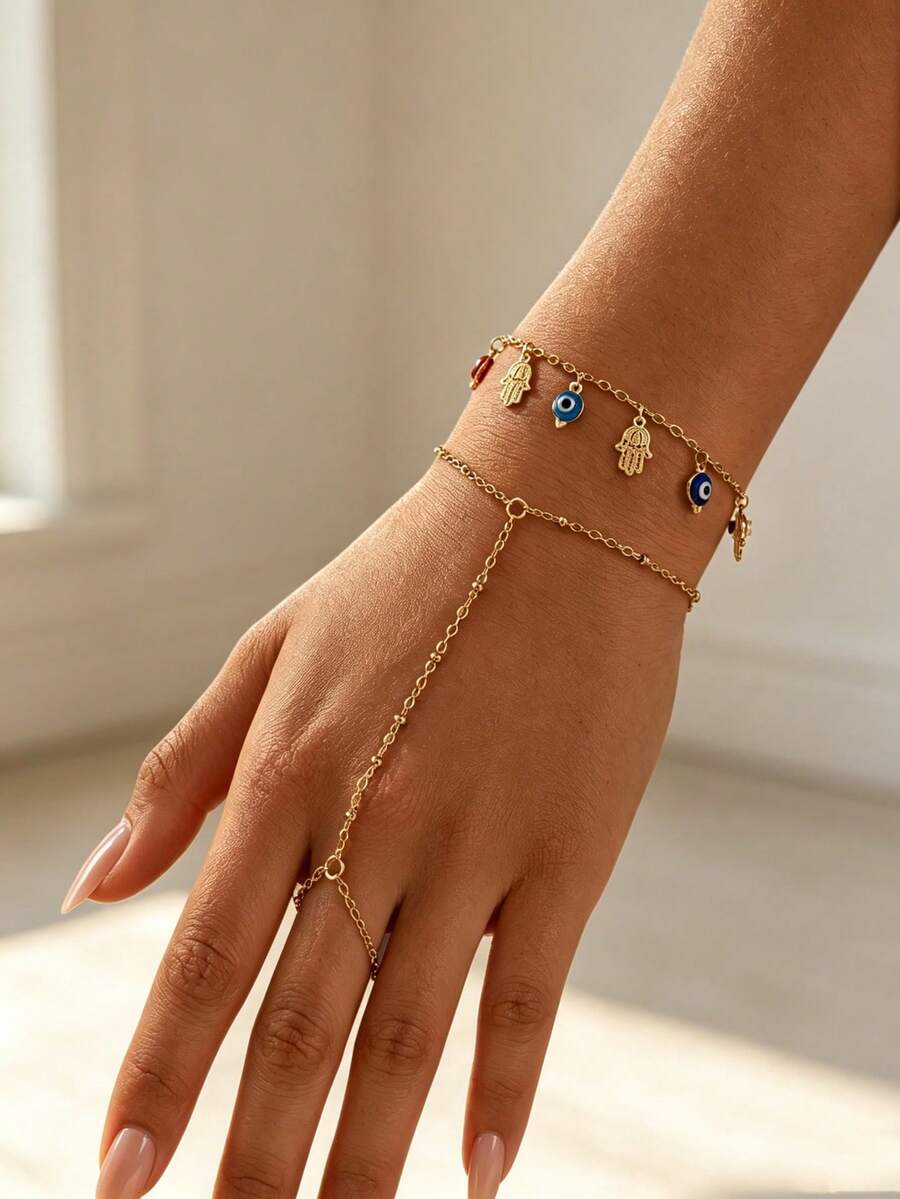 2pcs/Set Gold-Tone Copper Material Connected Finger Bracelet With Mysterious Demon Eye Tassel Back-Of-Hand Chain, Charming Women's Jewelry Suitable For Daily Wear And Party/Vacation Occasions, Colorful Beads On Handmade Chain Are Randomly Distributed - Multicolor - View 1