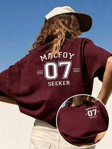 Women Crew Neck Tee, Malfoy 07 Seeker Back Print Short Sleeve, Stretchy All Season Casual Spring Summer Autumn Daily Printed Top - 酒紅色 - 查看 1