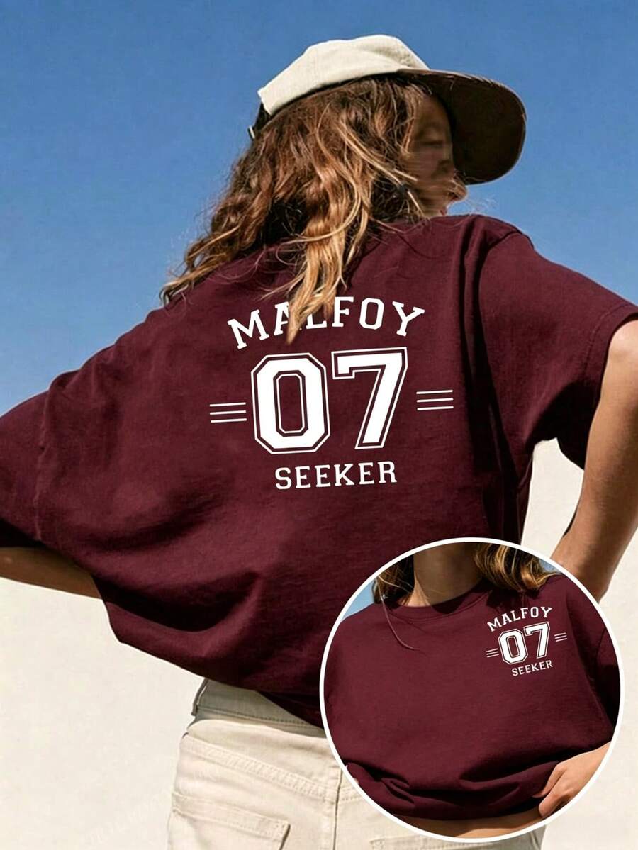 Women Crew Neck Tee, Malfoy 07 Seeker Back Print Short Sleeve, Stretchy All Season Casual Spring Summer Autumn Daily Printed Top - 酒紅色 - 查看 1