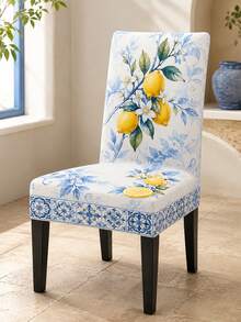 Porcelain Blue Tile Lemon Chair Cover, European Coastal Polyester Dining Chair Slipcover With Yellow Citrus Fruit, White Flower Print, Soft Fitted Backrest Seat Cover For Dining Room Chair Decor, Kitchen Chair Protector, Kitchen . - Multicolor - View 5