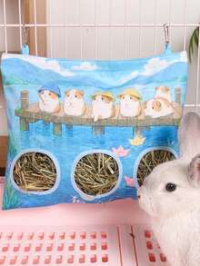 1pc Large 3-Hole Hanging Polyester Feeding Bag, Cute Blue Print Dual-Hole Rabbit Hay Bag, Washable, Cage-Specific, Space-Saving, Suitable For Rabbits, Guinea Pigs, And Other Small Animals, Hamster Supplies, Rabbit Pet Supplies - D - View 10