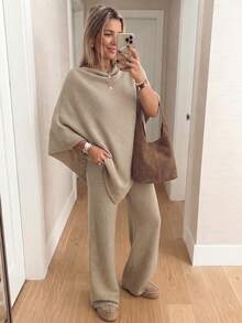 Women's 2pcs Y2K Minimalist Beige Shawl Knit Top & Wide Leg Pants Set, Loose Sweater Loungewear Streetwear Outfit, Autumn/Winter - Oat - View 9
