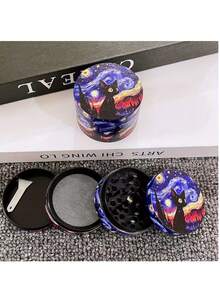 1PC, 50MM-4 Layer Zinc Alloy Metal Grinder, Oil Painting Cat Design Metal Crusher, Smoking Accessory Tool, Outdoor Portable Hand-Rolled Grinder, Holiday Gift! Valentine's Day Gift! - Purple - View 1