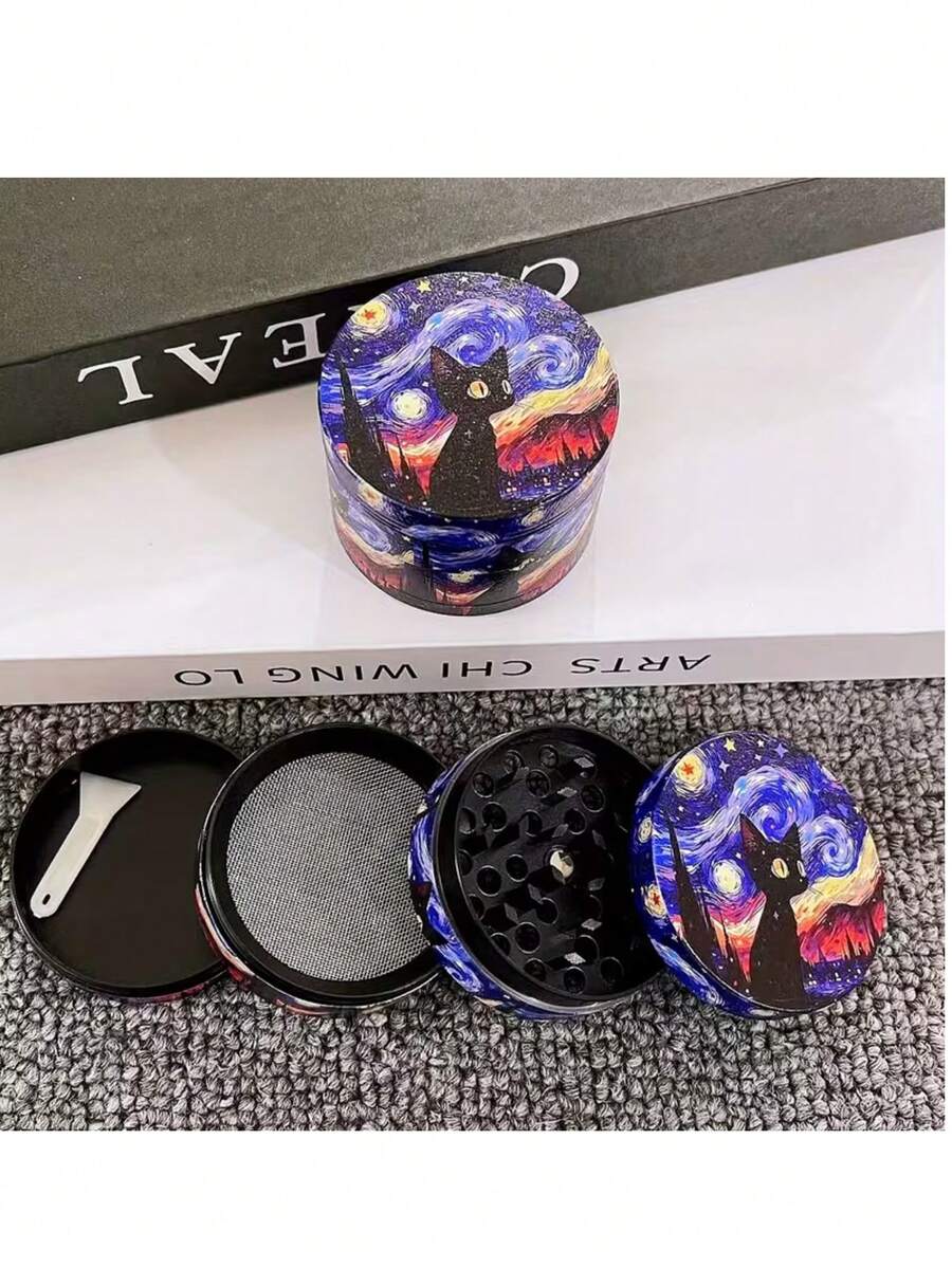 1PC, 50MM-4 Layer Zinc Alloy Metal Grinder, Oil Painting Cat Design Metal Crusher, Smoking Accessory Tool, Outdoor Portable Hand-Rolled Grinder, Holiday Gift! Valentine's Day Gift! - Purple - View 1