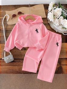 Girls Pink Hooded Sportswear Set, Pony Embroidery Zip-Up Jacket + Wide Leg Pants 2 Pieces Set, Children Casual Versatile Outwear - Pink - View 2
