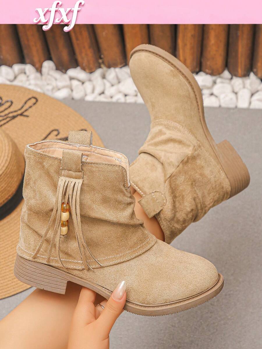 XfxfA 1 Pair Fashionable Ankle Boots With Tassels, Beads And Folded Stacked Design, Suitable For Teenagers, Applicable For Vacation/School/Daily Outings - Khaki - View 1